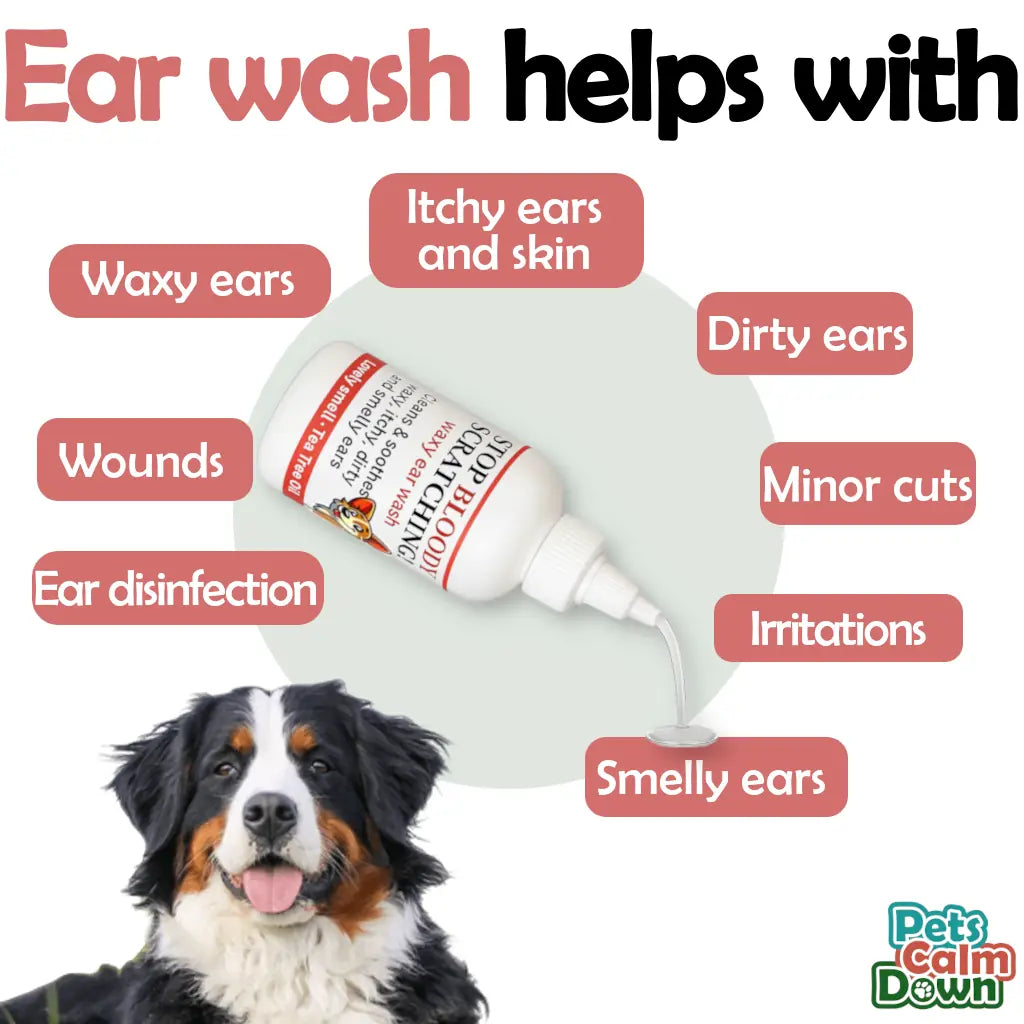 Ear Wash. Soothe Itchy, Gunky, Waxy & Smelly Ears. Head Shaking, Scratching & Rubbing