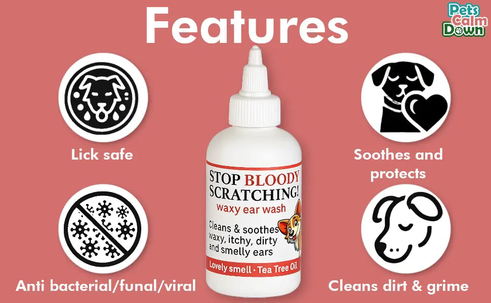 Ear Wash. Soothe Itchy, Gunky, Waxy & Smelly Ears. Head Shaking, Scratching & Rubbing