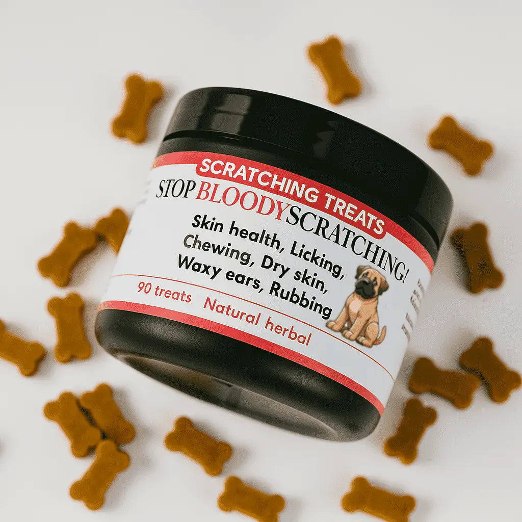 Jar of 'Scratching Treats' for dogs with bone-shaped treats on a white background