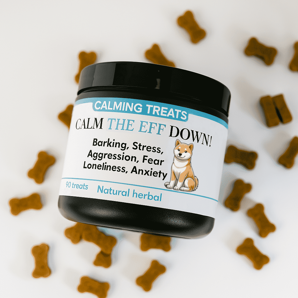 Jar of 'Calm The EFF Down!' calming treats for dogs with dog bones on a white background