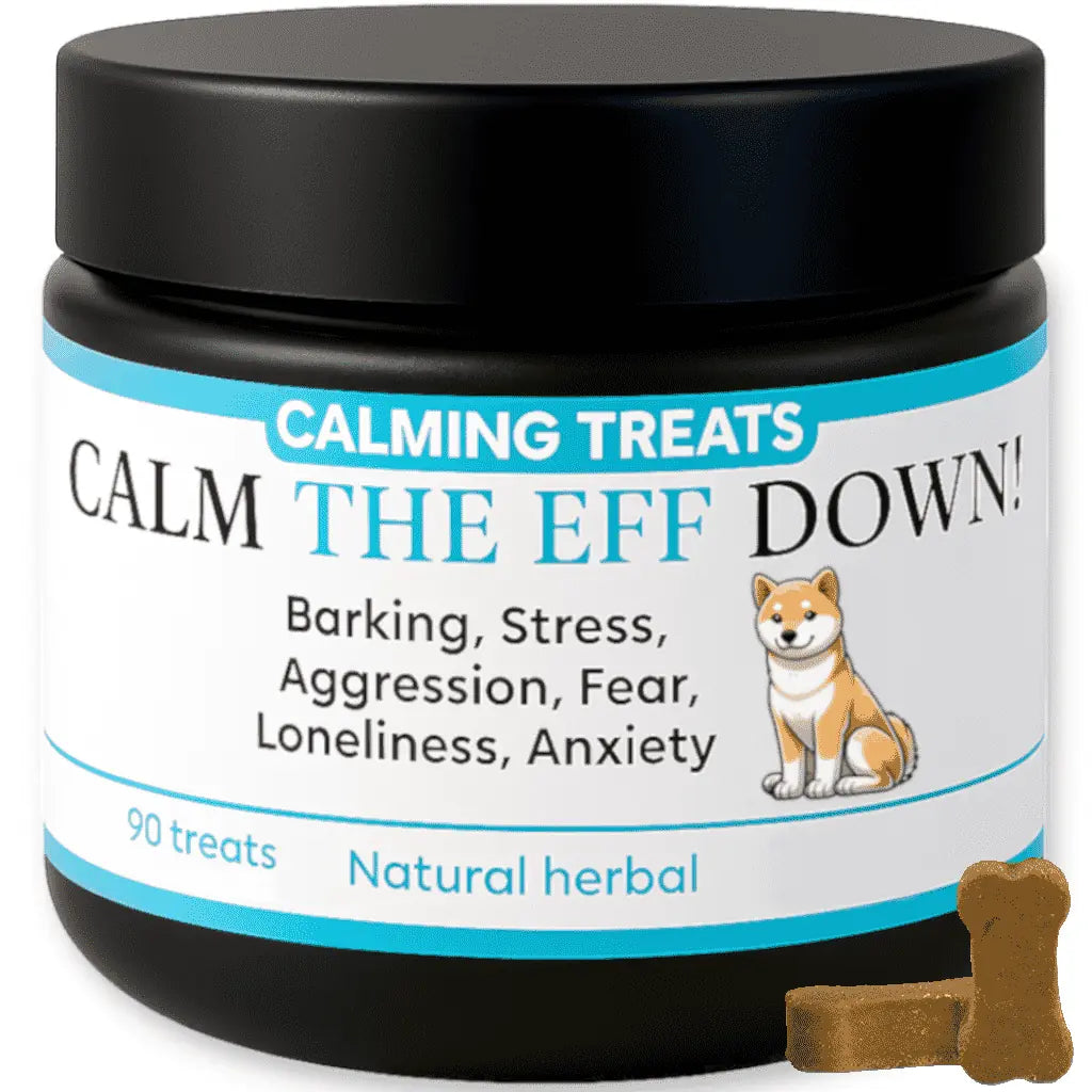 Jar of Calm The Eff Down! calming treats for dogs with a black lid and white label.