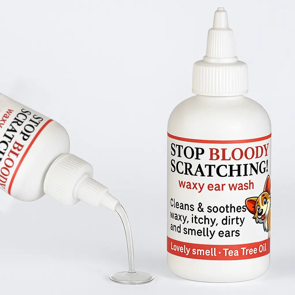 Ear Wash. Soothe Itchy, Gunky, Waxy & Smelly Ears. Head Shaking, Scratching & Rubbing