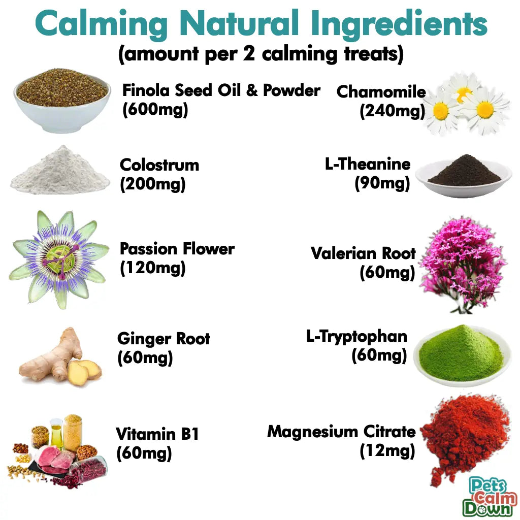 List of calming natural ingredients with corresponding amounts per 2 calming treats on a white background.