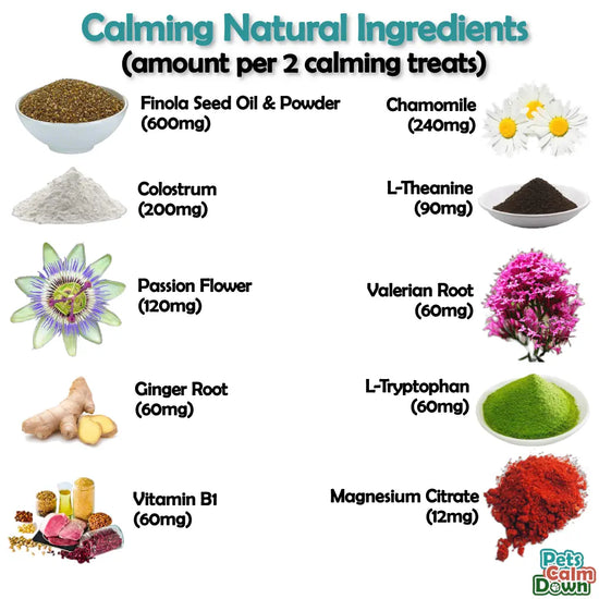 Natural herbal ingredients to calm your dog's barking aggression excitability and more containing colostrum, passion flower, chamomile, valerian root, and more