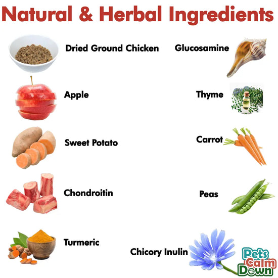 Natural herbal ingredients to calm your dog's barking aggression excitability and more containing colostrum, passion flower, chamomile, valerian root, and more
