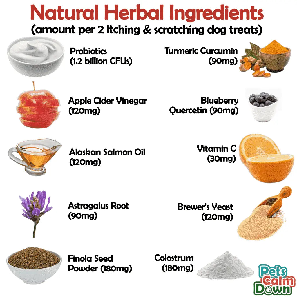 List of natural herbal ingredients with their amounts per 2 itching & scratching dog treats, including Probiotics, Apple Cider Vinegar, Alaskan Salmon Oil, and more, from a brand called 'Pets Calm Down'.