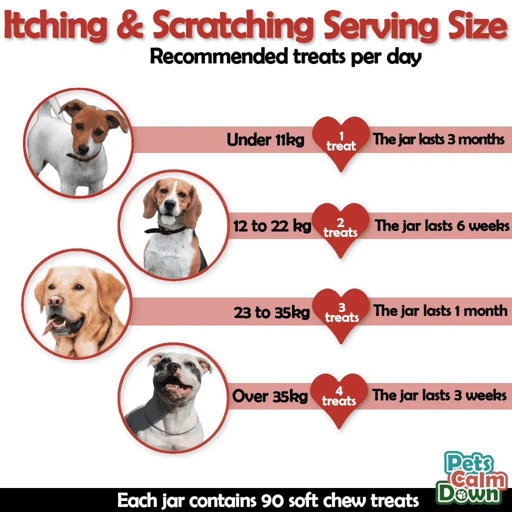 Diagram showing recommended treats per day for dogs of different weight ranges, with images of dogs and heart symbols.