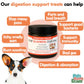 Pet supplement jar with a dog and text about digestion support treats.