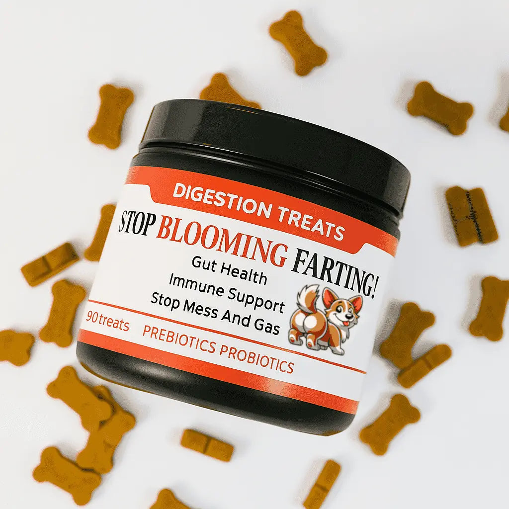 Jar of 'Stop Blooming Farting' dog treats with packaging on a white background