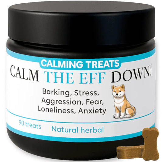 Jar of 'Calm The Eff Down!' calming treats for dogs with a black lid and white label.