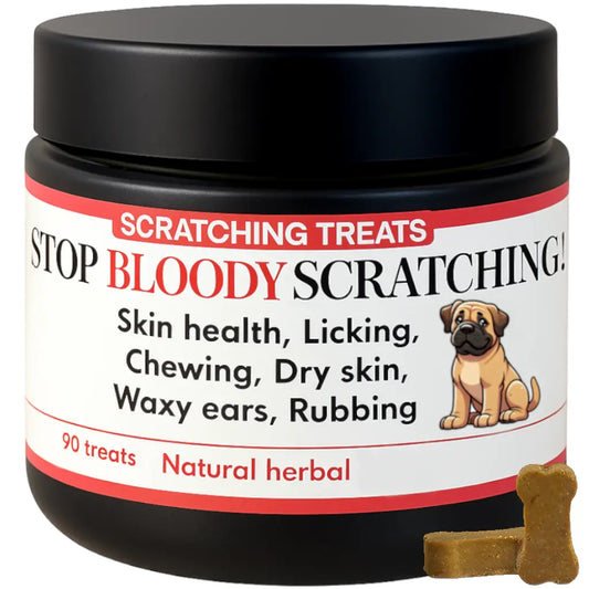 Jar of 'Stop Bloody Scratching' treats for dogs with a black lid and white label.