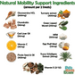 List of natural mobility support ingredients with corresponding amounts per 2 treats, featuring images of each ingredient.
