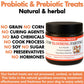 Jar of probiotic and prebiotic treats for dogs with text highlighting natural and herbal properties.
