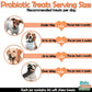 Diagram showing recommended probiotic treat serving sizes for dogs of different weights, with images of dogs and text indicating treat quantities.